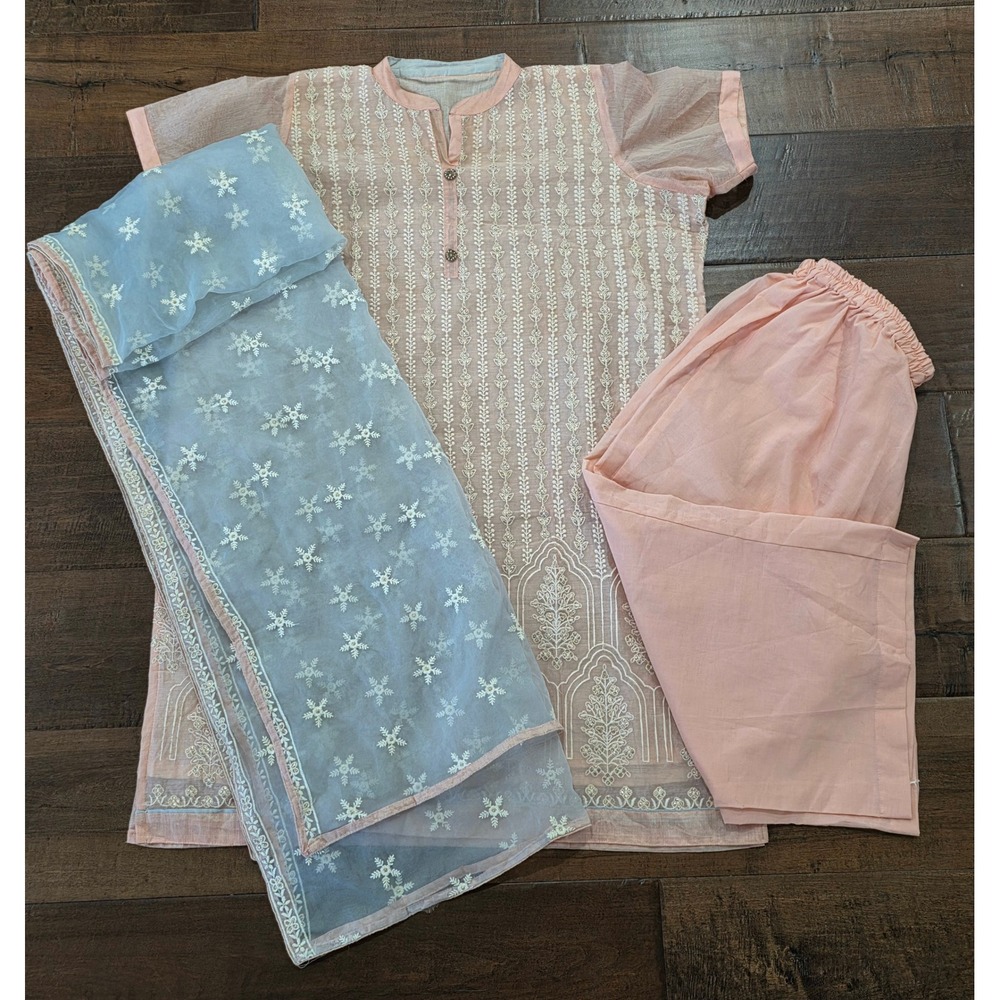 BOHO Pink Embroidered Kurta Chikankati 3 Piece Set Blue Dupatta Tunic Trousers